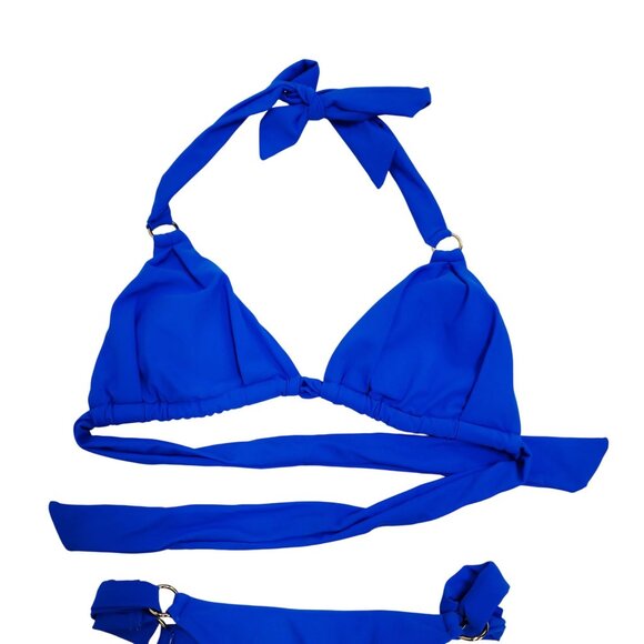 Blue Triangle Bikini Set With Adjustable Halter Neck & Side Tie Bottoms Size S - Picture 3 of 5